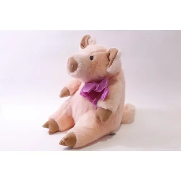Large 1990, Manhattan Toy, Pig, Plush, Purple Bow, Stuffed Animal, Vintage, ~ 2